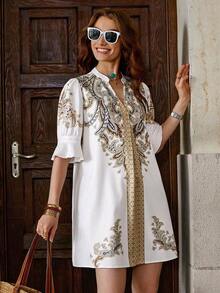 Clasi Vestido elegante con estampado floral y escote calado para mujeres, vestidos de graduación para mujeres, vestido de cintura baja, estilo boho country, ropa de mujer boho - Multicolor 3 - Ver 6