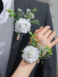 1朵/2朵奢华公主玫瑰花，搭配仿真绿叶和满天星，浪漫花卉胸花和腕带，适合新娘、新郎、伴娘、伴郎、婚礼、派对、毕业典礼等场合。 - 白色 - 查看 8