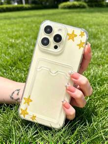 1 unidad Patrón de estrella amarilla dibujado a mano Funda para iPhone 16 PLUS, protección anticaída con airbag reforzado en las cuatro esquinas, tarjetero invisible integrado en la parte trasera, compatible para tarjeta personal, carnet de conducir, tarjeta de acceso y tarjeta de transporte, funda protectora antigolpes portátil con ranura para tarjetas, diseño sencillo y elegante, ideal para uso diario, desplazamientos y viajes - transparente (transparente) - Ver 4