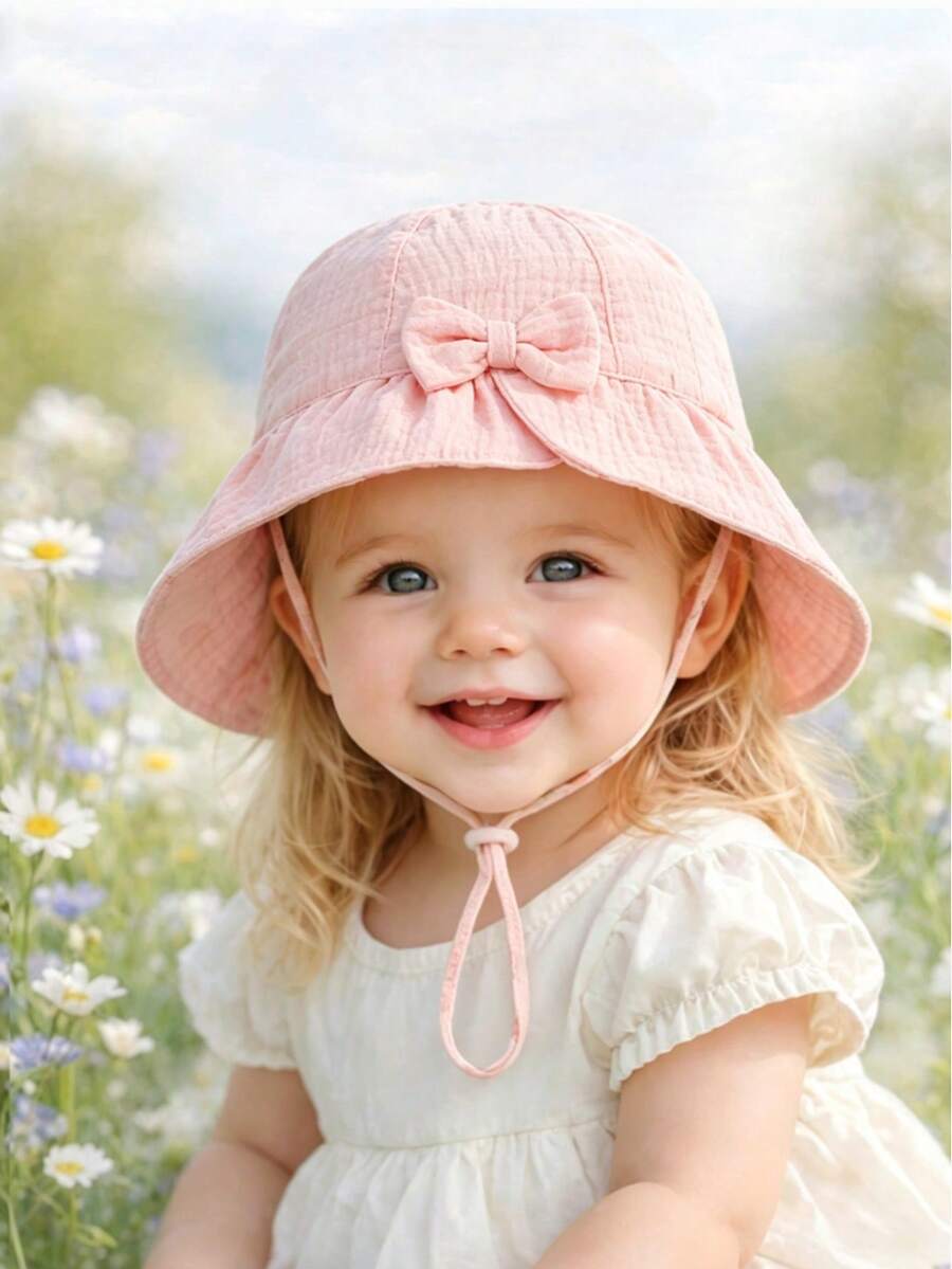 1 buah Topi Matahari Bayi, Topi Pelindung Matahari Bayi dengan Dekorasi Pita Bunga, Topi Bayi Warna Polos yang Menggemaskan dan Ramah Kulit - Berwarna merah muda - View 1