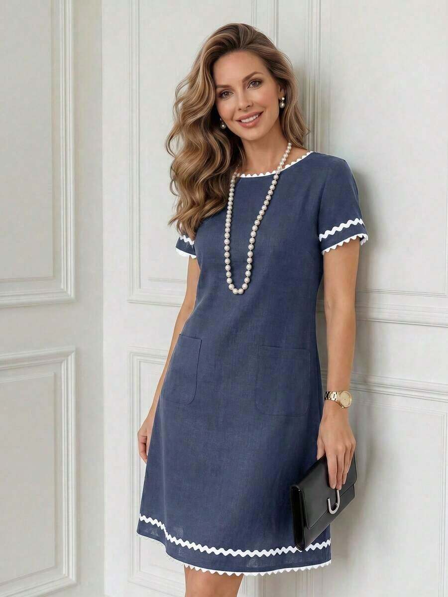 Vestido mini para el Día de la Madre, Vestido de verano para mujer, Conjunto de vacaciones para mujer, Conjunto de vacaciones para mujer, Conjunto de vacaciones para mujer, Conjunto de playa para mujer, Vestido nuevo con empalmado de cinta azul marino - Azul marino - Ver 1
