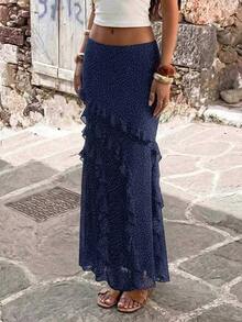 Vestido de verano para mujer Vellofy, hecho de tela ligera, transpirable y cómoda, con diseño de volantes en el bajo y decoración con estampado de lunares - Azul marino - Ver 10