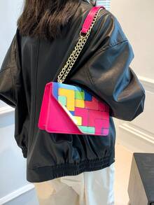 Mini Fashionable Plaid Patchwork Crossbody Bag, Metal Chain Strap Square Shoulder Bag Suitable For Shopping - Hot Pink - View 2
