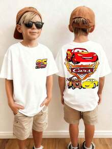 Disney Black Background Cars Lightning McQueen And Friends Flame Print Front And Back Design Kids' Short Sleeve T-Shirt - Playful And Cool Racing Style Top - White - View 1