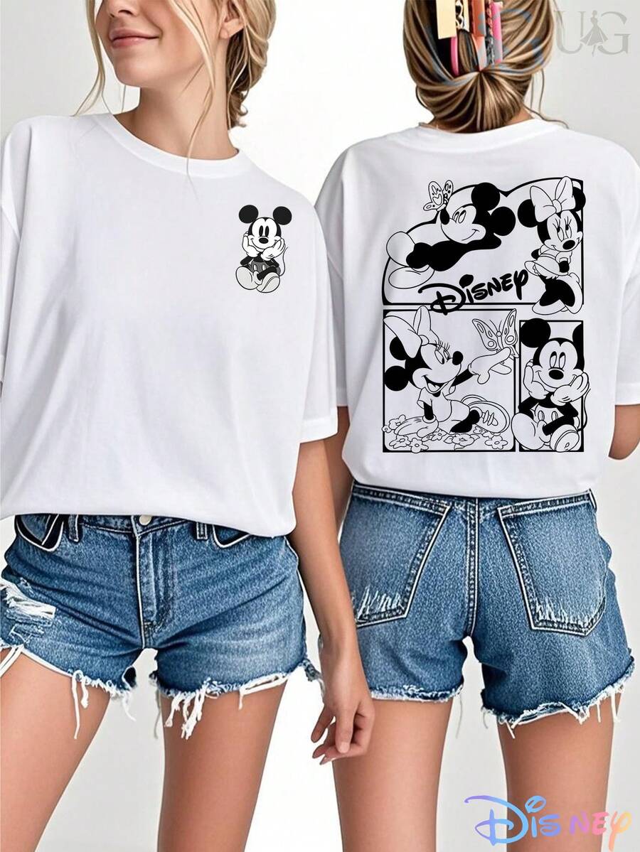 Mickey & Co. Offers T-Shirts Featuring Mickey Mouse And His Friends. This Officially Licensed Disney Women's T-Shirt With Double-Sided Prints Is Perfect For Everyday Wear In Spring And Summer, Making It An Ideal Gift Option. - trắng - Xem 1