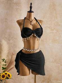 Bellisia Conjunto de tankini de tirantes con estampado de olas beige y decoración de conchas y estrellas para mujer, conjunto de ropa de vacaciones de primavera/verano/otoño, conjunto de bikinis con cobertura para mujer, conjunto de 3 piezas para outfits de verano para mujer - Negro - Ver 3