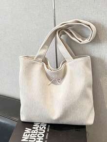 1 pieza Bolso de hombro tipo tote con estampado de letras de pana, adecuado para ir al trabajo, bolso escolar literario y para libros para mujeres o estudiantes, perfecto para libros, compra - Beis 2 - Ver 10