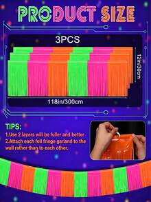 3 Packs Glow In The Dark Party Supplies, 118inch UV Black Light Fluorescent Fringe Garland For Neon Birthday Rave Disco Decorations Photo Booth Backdrop Halloween Table Skirt Decoration - View 2