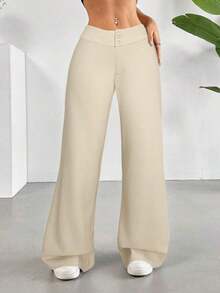 Pantalones de cintura alta sólidos con pierna recta y acampanada - Albaricoque - Ver 4