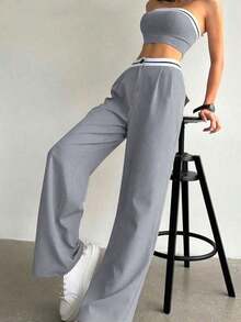 Luminelle Conjunto de top bandeau y pantalones anchos plisados de moda, versátil para vacaciones y fiestas - Gris - Ver 5