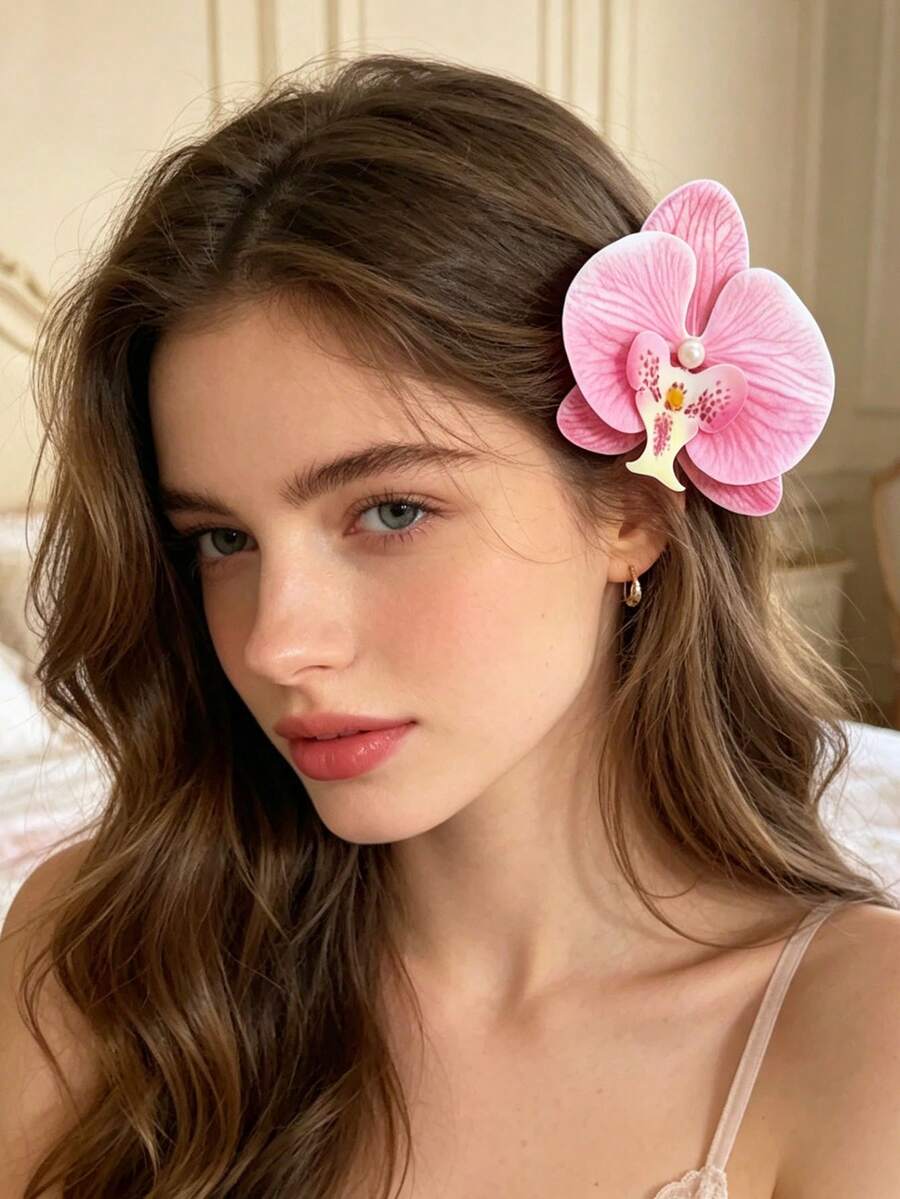 1 peça clipe de cabelo de orquídea Phalaenopsis rosa com detalhe em pérola, barrette de cabelo de orquídea borboleta artificial realista, acessório de cabelo floral elegante e romântico boho para mulheres, grampo lateral de cabelo com pétalas de seda macia, clipe de cabelo antiderrapante com fixação suave para casamento, noiva, dama de honra, férias na praia, férias tropicais, uso diário, chá da tarde, festa no jardim, barrettes de cabelo - Rosa - Ver 1