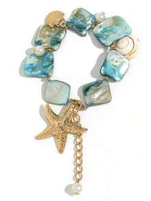 pieza de collar con colgante de estrella de mar y concha dorada de estilo bohemio inspirado en el océano, decorado con cuentas azul-verdes y doradas - Accesorio multifuncional para mujer, - Azul - Ver 8