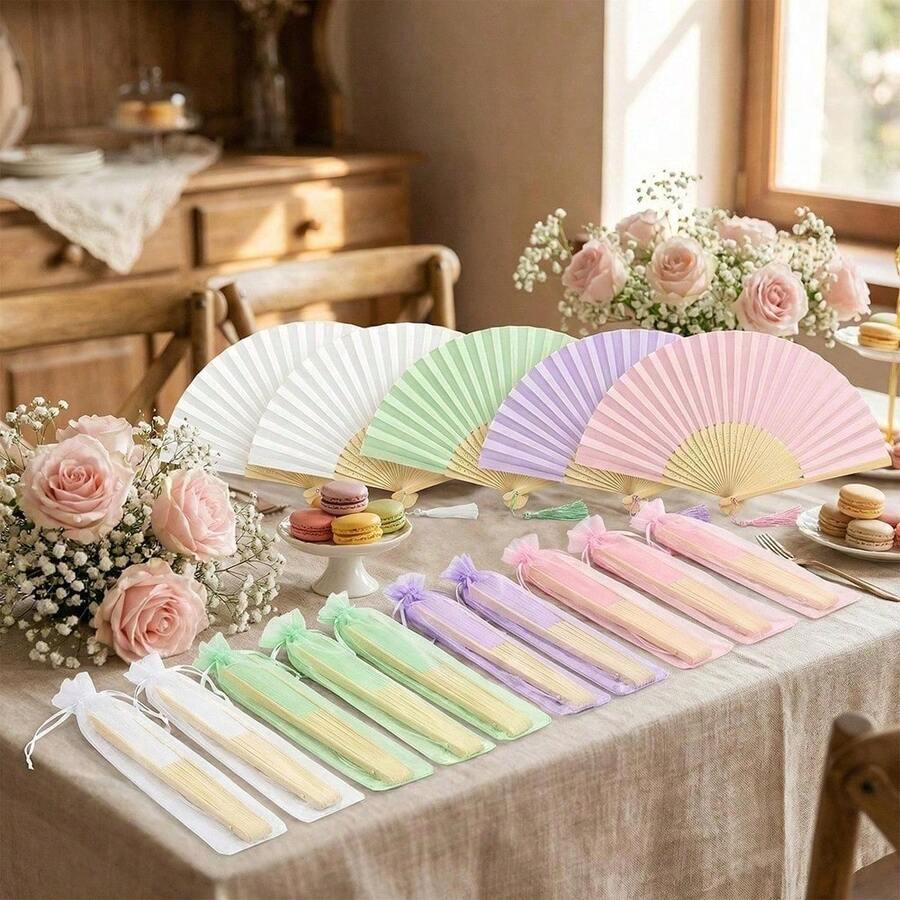 36pcs Handheld Folding Fan Tassel Bag Set, Includes 12 Fans, 12 Bags, 12 Tassels, Elegant Bamboo Folding Fans, Suitable For Wedding Guests, Party Favors, Summer Gifts, Decoration - Fan - View 1