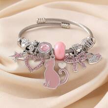 1 chiếc vòng tay đính hạt hình ngôi sao kiểu cô gái ngọt ngào, mặt dây chuyền hình trái tim, hình mèo và nơ, vòng tay dạng dây hở, phụ kiện đa năng dùng hàng ngày. - chú mèo đáng yêu - Xem 1
