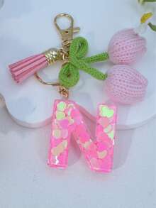 Initial Heart Keychain, Tulip Tassel Bag/Car Key Chain, Cute Accessory Gift For Friends, Mom, Teacher, Birthday - Pink - View 23