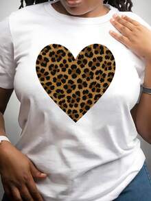 Women's Leopard And Heart Print T-Shirt: A Casual Short-Sleeved T-Shirt With A Round Neck, Featuring A Gold Design, Machine Washable For All Seasons, Stylish And Versatile, Made Of Comfortable Fabric, Essential For Fashion Lovers. - 白色 - 查看 1