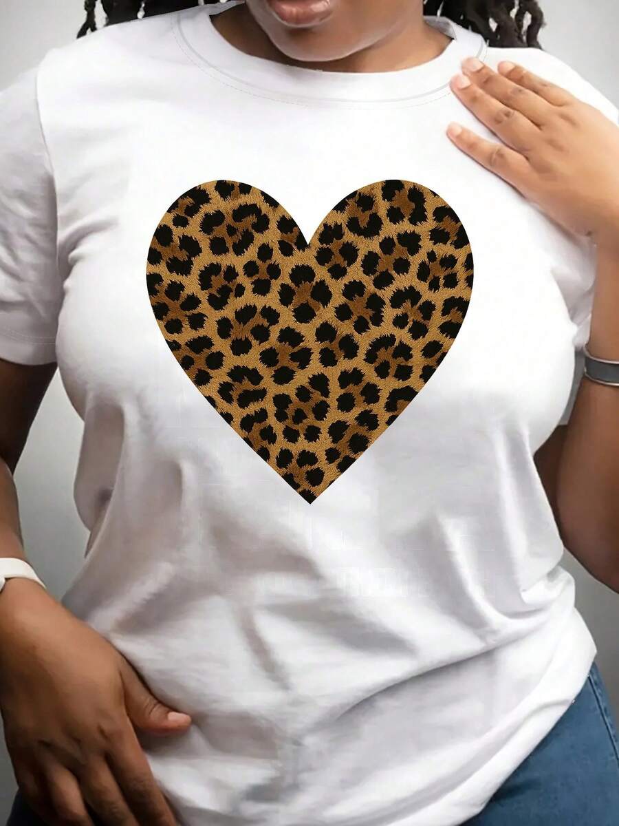Women's Leopard And Heart Print T-Shirt: A Casual Short-Sleeved T-Shirt With A Round Neck, Featuring A Gold Design, Machine Washable For All Seasons, Stylish And Versatile, Made Of Comfortable Fabric, Essential For Fashion Lovers. - 白色 - 查看 1