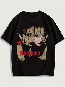 Men's Fashion Portrait Print T-Shirt, Casual Sports T-Shirt, Loose Fit Short Sleeve Black Shirt With Character Portrait. - 黑色 - 查看 2