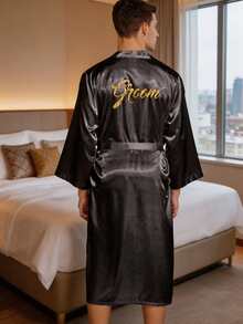 男士奢华新郎婚礼睡袍，镀金滚边金色字母长袖睡衣外套，优雅婚礼派对节日生日礼物 - 深灰色 - 查看 4