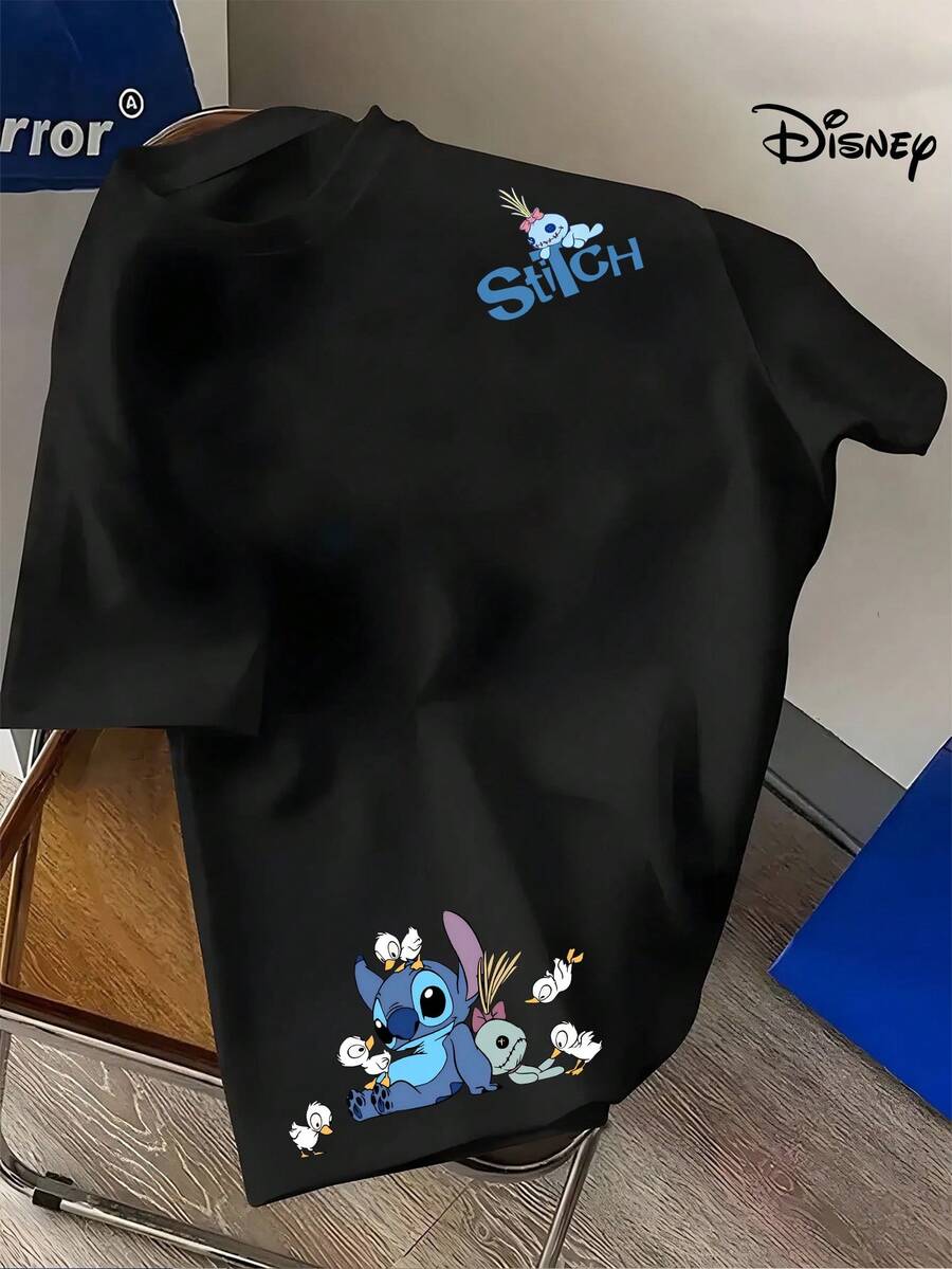 Disney Officially Licensed Casual Men's Summer Short-Sleeved T-Shirt – With A Fun Stitch And Duck Print, Breathable And A Perfect Fit For Outdoor Sports And Leisure At Home, Machine Washable Crew Neck Shirt, Comfortable Fabric. - 黑色 - 查看 1