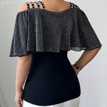 Fengyu Women's Clothing Store Camiseta casual, elegante y con estilo para mujer, de manga corta, cuello en V, con tirantes de volantes, hombros calados, detalles con cuentas, de tela de punto negra, de corte ajustado y elástica - Negro - Ver 3