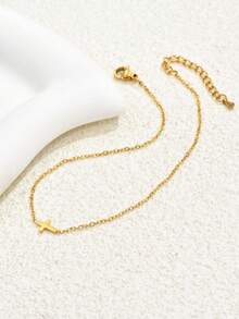 1pc Handmade Beach Style Stainless Steel Cross Anklet, Suitable For Daily Wear And Beach Outfit - Gold - View 3