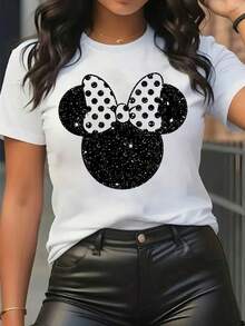 Disney-Licensed Women's Product Featuring A Printed Design With Star Polka Dots And A Mickey Mouse Head With A Bow Tie. This Short-Sleeved, Round-Neck T-Shirt Is Casual, Comfortable, Stylish, And Versatile, Suitable For Spring And Summer. - trắng - Xem 6