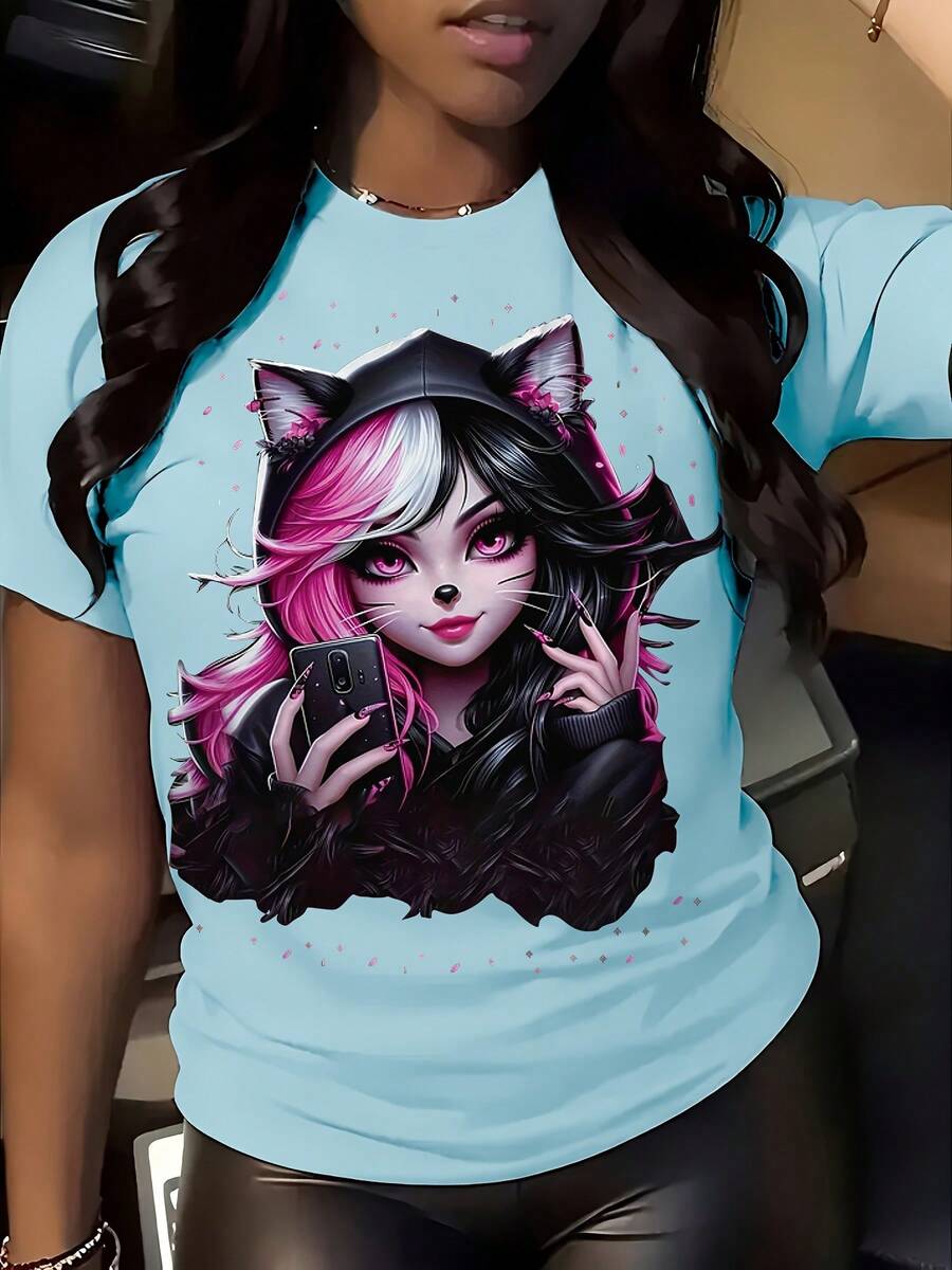 Women's T-Shirt With Anime Cat Ears Print - Short Sleeve, Round Neck, Japanese Sleeve Print, Soft And Stretchy, For Summer And Spring, Ideal For Conventions, Theme Events And Casual Wear - 天藍色 - 查看 1