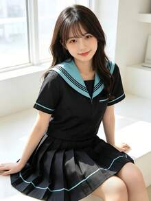 1件套JK女童校服短袖衬衫和百褶裙套装，带领结和荷叶边，基础水手服款式，适合年轻女孩，可用于拍照、派对、角色扮演、表演等场合，黑色春季款 - 黑色 - 查看 5