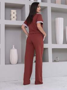 Women's Striped Set - Pants And Top In Lightweight Fleece With White Details - Comfortable Style - Terracotta - View 7