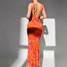 . .  Vestido de verano elegante con estampado floral y espalda descubierta para mujer - Naranja - Ver 1