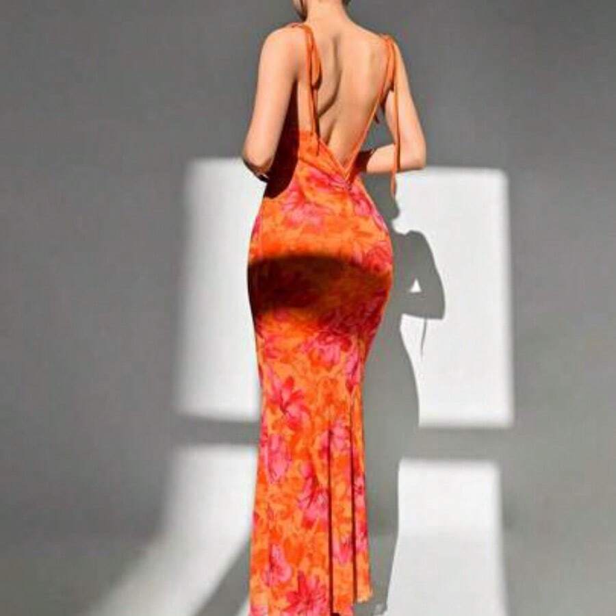 . . Vestido de verano elegante con estampado floral y espalda descubierta para mujer - Naranja - Ver 1