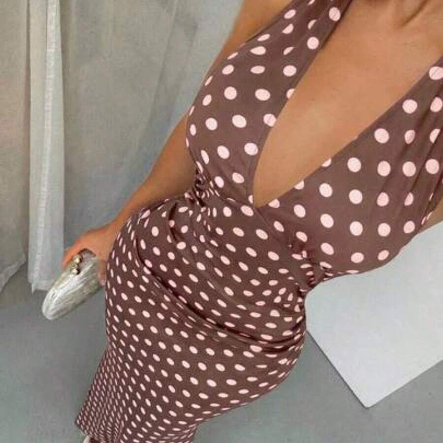 Vestido de sirena con cuello halter y encaje sexy - Marrón - Ver 1