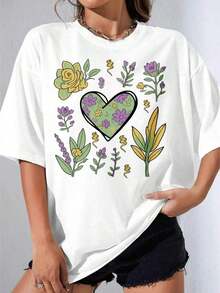 Women's White T-Shirt With Floral Heart Print, White Roses And Purple Flowers Design, Casual Summer Clothing For Women, Printed T-Shirt For Outdoor Parties, Suitable For Spring, Summer And Autumn. - 白色 - 查看 7