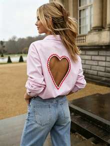 New Striped Heart Embroidery Backless Blouse, Casual Loose Fit Top For Spring/Summer Pink - Pink - View 2