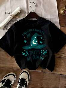 1PSCPlus Size Women's Plus Size Graphic T-Shirt With Witch Hat Print - Slogan "Underestimate My Ability, It'll Be Fun", Short Sleeve, Crew Neck, Casual Summer Style, Spring Blouse Suitable For Easter Gifts, Mother's Day Outfits, And Casual Wear. Classic Cotton Crew Neck T-Shirts With Fashionable Print, Lightweight And Breathable - Unisex Cotton Short Sleeve Crew Neck T-Shirt In Urban Vintage Style. Women's Blouses. Casual Blouses For Ladies. - 黑色 - 查看 3