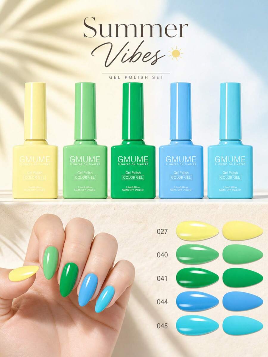 GMUME 5件套夏季美甲凝胶套装，7.5ml可卸UV LED灯黄色、蓝色、绿色、珊瑚色、亮色、冷色调，沙滩度假风美甲凝胶套装，美甲礼品，美甲沙龙用品，专业美甲凝胶套装，美甲凝胶套装