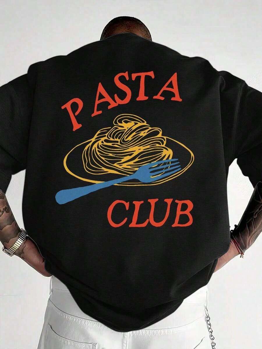 Men's Short-Sleeved T-Shirt - PASTA CLUB Pasta Print On The Back - 100% Cotton Fabric - Casual, Comfortable, Versatile And Practical, Suitable For Everyday Wear. - Black - View 1