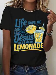 (001 # Fashionable Women's Round Neck T-Shirt, Funny Short Sleeve T-Shirt With Lemon Juice Print, Custom Casual Top With English Slogan, 100% Cotton. - 黑色 - 查看 1