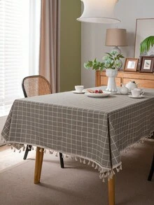 1pc Plaid Tablecloth With Tassels, Farmhouse Style Linen Tablecloth, Suitable For Kitchen, Dining Room, Party - Gray Plaid - View 11