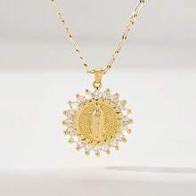 1pc Classic European & American Style Copper Inlaid Zirconia Vintage Gold Virgin Mary Guadalupe Pendant Necklace, Limited Edition, Suitable For Christmas/Thanksgiving/Halloween/Mother's Day/Valentine's Day Gifts, Catholic First Communion, Daily & Holiday Wear, Prayer - Yellow Gold - View 8