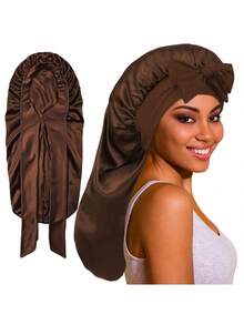 CONFLASS 1pc Women's Adjustable Satin Bow Long Sleeping Cap, Suitable For Braided And Curly Hair, Plus Size With Drawstring Design, Ideal For Overnight Hair Care - Multicolor - View 15