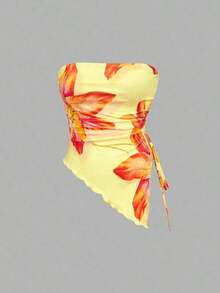 MOD 4 piezas Parte superior corta ajustada tipo tubo, con lazo en la cintura, top bandeau estampado, top corto sin tirantes, paquete de 4 tops bandeau tipo tubo para mujer con detalle de fruncido y cordón, estampado floral, para primavera/verano, té, salir - Multicolor 4 - Ver 12