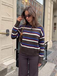 HH Women's Spring/Autumn Colorblock Striped Knit Pullover, French Collar Loose Long Sleeve Sweater, Vintage Fashion Top - Royal Blue - View 5