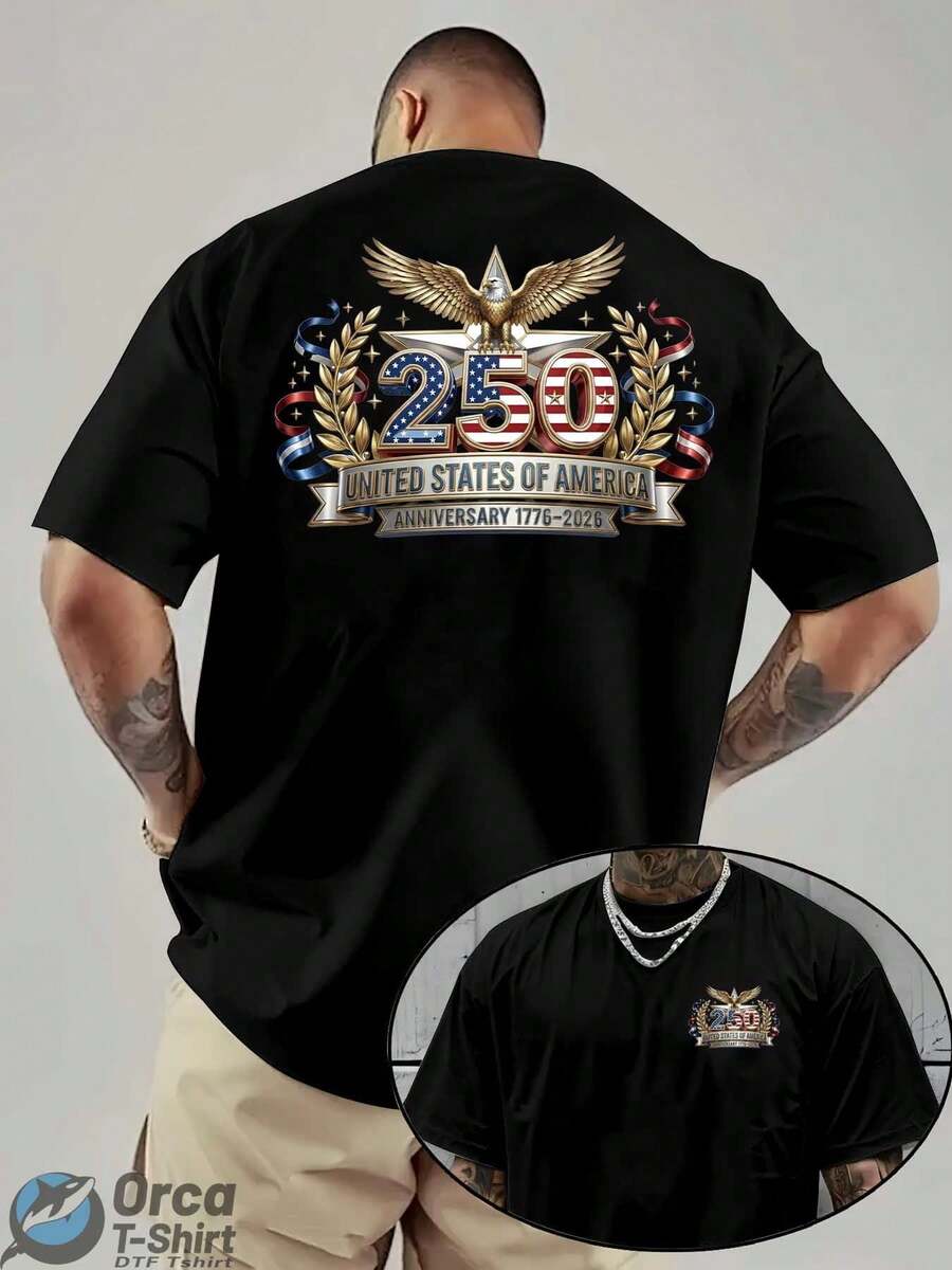 American Retro Style Short-Sleeved T-Shirt With Prints On The Front And Back Featuring A Commemorative 250th Anniversary Design, Suitable For Everyday Summer Wear And As A Patriotic Themed Gift For Friends And Family. - Black - View 1