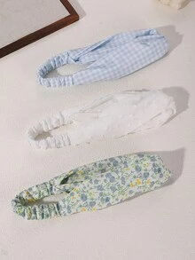 3件組女款極簡清新藍白格紋花卉髮箍，適合日常、派對、婚禮、春夏海灘度假穿搭，美感風格 - 藍色 - 查看 4