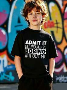 1 camiseta de manga corta y cuello redondo para niños - Una camiseta colorida con estampados de letras trae alegría y felicidad a los niños que aman explorar y jugar, para la ropa juvenil de estudiantes - Negro - Ver 1