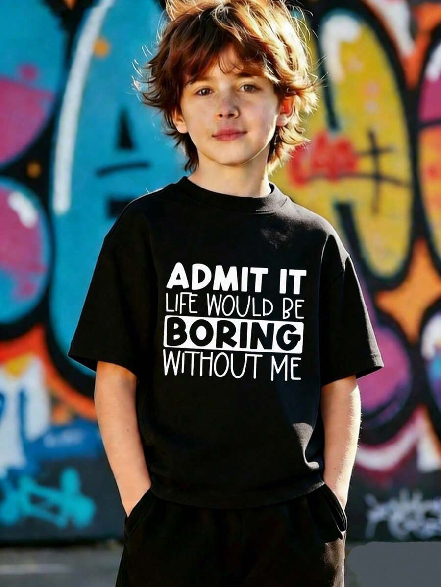 1 camiseta de manga corta y cuello redondo para niños - Una camiseta colorida con estampados de letras trae alegría y felicidad a los niños que aman explorar y jugar, para la ropa juvenil de estudiantes - Negro - Ver 1