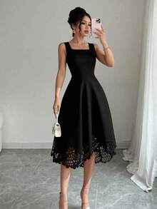 Vestido Minimalista Negro Ajustado y Evase con Cuello Cuadrado, Sin Mangas, con Dobladillo de Encaje Cortado a Láser, Vestido Casual para Invitadas de Boda - Negro - Ver 1