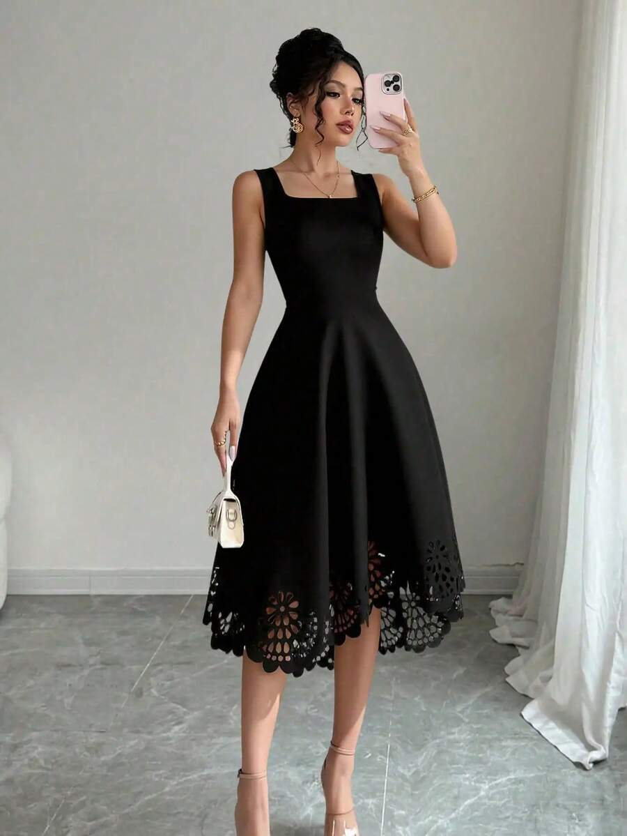 Vestido Minimalista Negro Ajustado y Evase con Cuello Cuadrado, Sin Mangas, con Dobladillo de Encaje Cortado a Láser, Vestido Casual para Invitadas de Boda - Negro - Ver 1